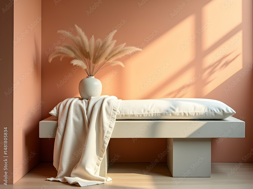 Aufkleber sunlit interior featuring a stylish bench adorned with a soft blanket and topped with a decorative v