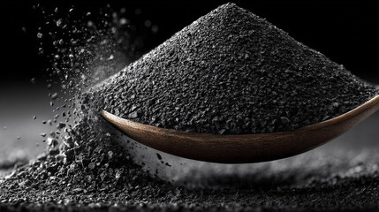 A photorealistic close-up image showcasing the detailed texture of activated carbon granules. Generative AI