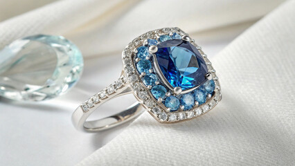 The ring showcases a prominent oval-cut London Blue Topaz as its centerpiece, exhibiting a deep, rich blue hue.