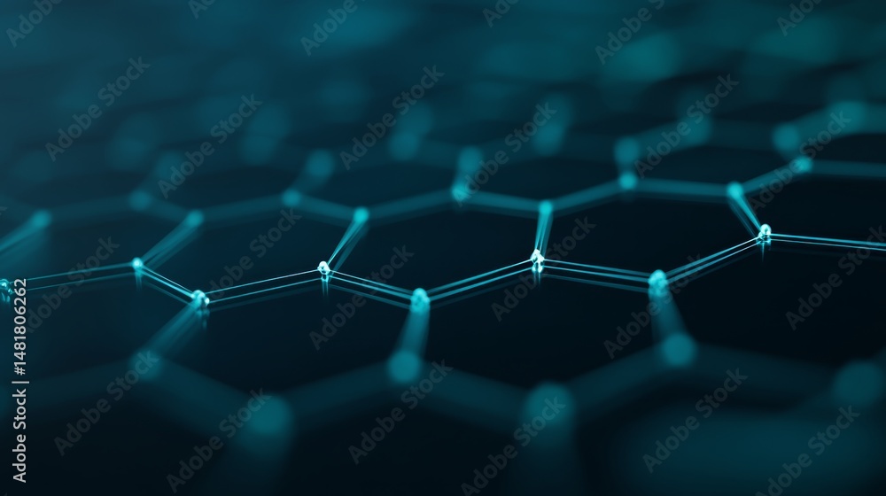 Fototapete Hexagonal nodes float against a deep navy backdrop, interconnected by glowing teal lines, illustrating the flow of data and advanced network systems clearly