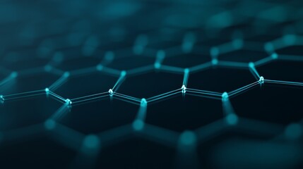 Obraz premium Hexagonal nodes float against a deep navy backdrop, interconnected by glowing teal lines, illustrating the flow of data and advanced network systems clearly