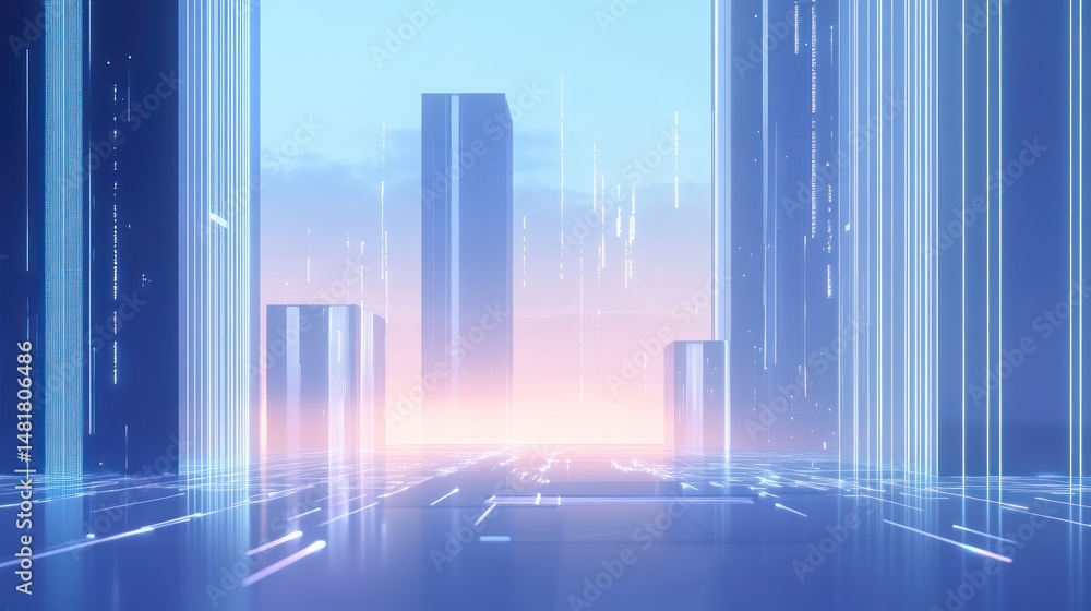 Poster futuristic cityscape with glowing elements and abstract geometric structures