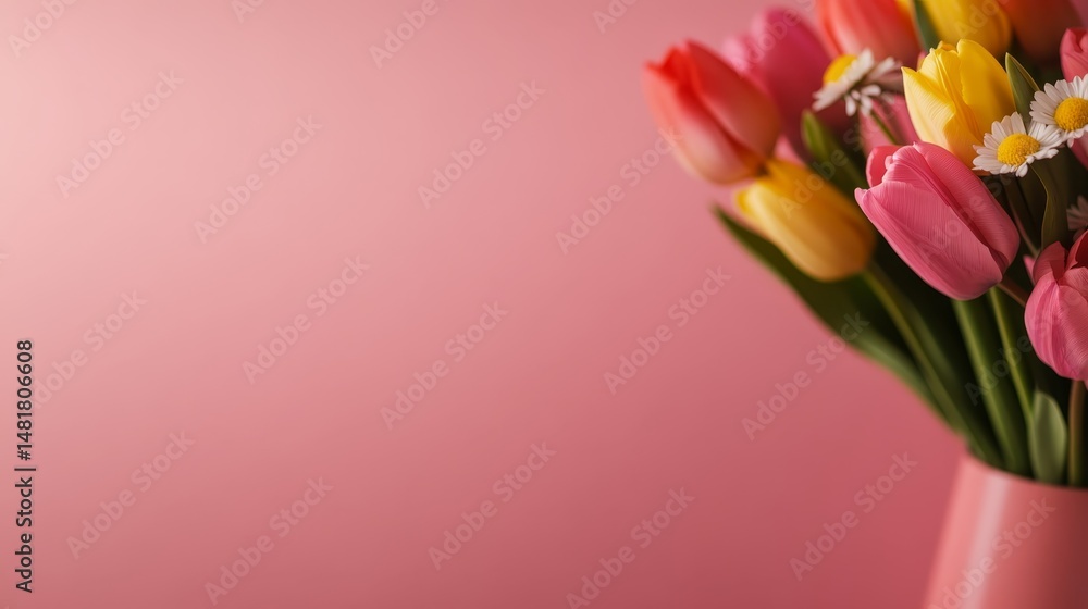 Poster A vibrant arrangement of tulips and daisies in a vase stands out against a soft pink backdrop, creating a joyful setting for spring festivities
