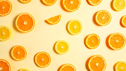 Top down arrangement featuring vibrant orange and lemon slices creating a refreshing and visually appealing citrus fruit pattern perfect for summertime themes