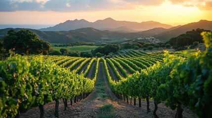 Lush vineyard rows stretch toward distant mountains at sunset.