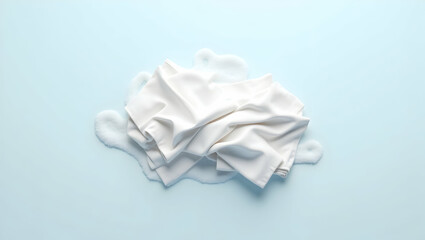 Obraz premium Top View of a Pile of Freshly Laundered White Clothes Surrounded by Fluffy Elements on a Serene Blue Surface, Conveying Cleanliness and Comfort