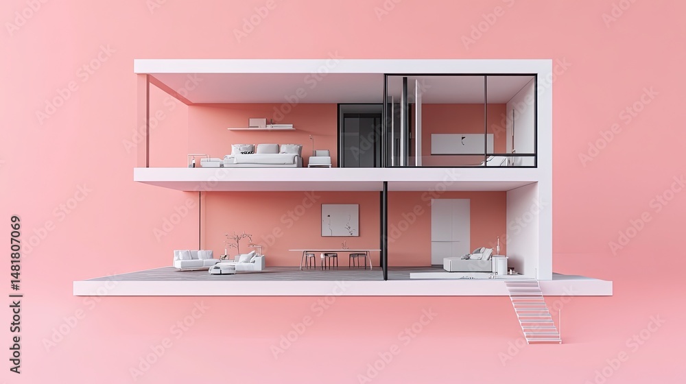 Poster a 3d rendering of a cross-section house, showing an empty room isolated on a pink background.