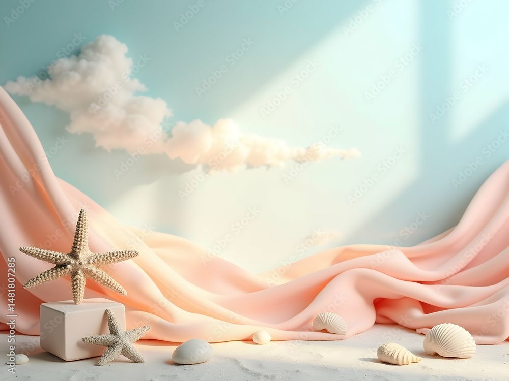Poster tranquil beachside display featuring starfish seashells and soft pastel fabrics creating a calming a