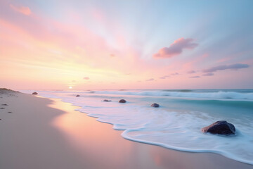 Tranquil Beach at Twilight, Gentle Waves Embrace the Shore Under a Pastel Sky, Creating a Moment of Serenity and Coastal Beauty at Sunset
