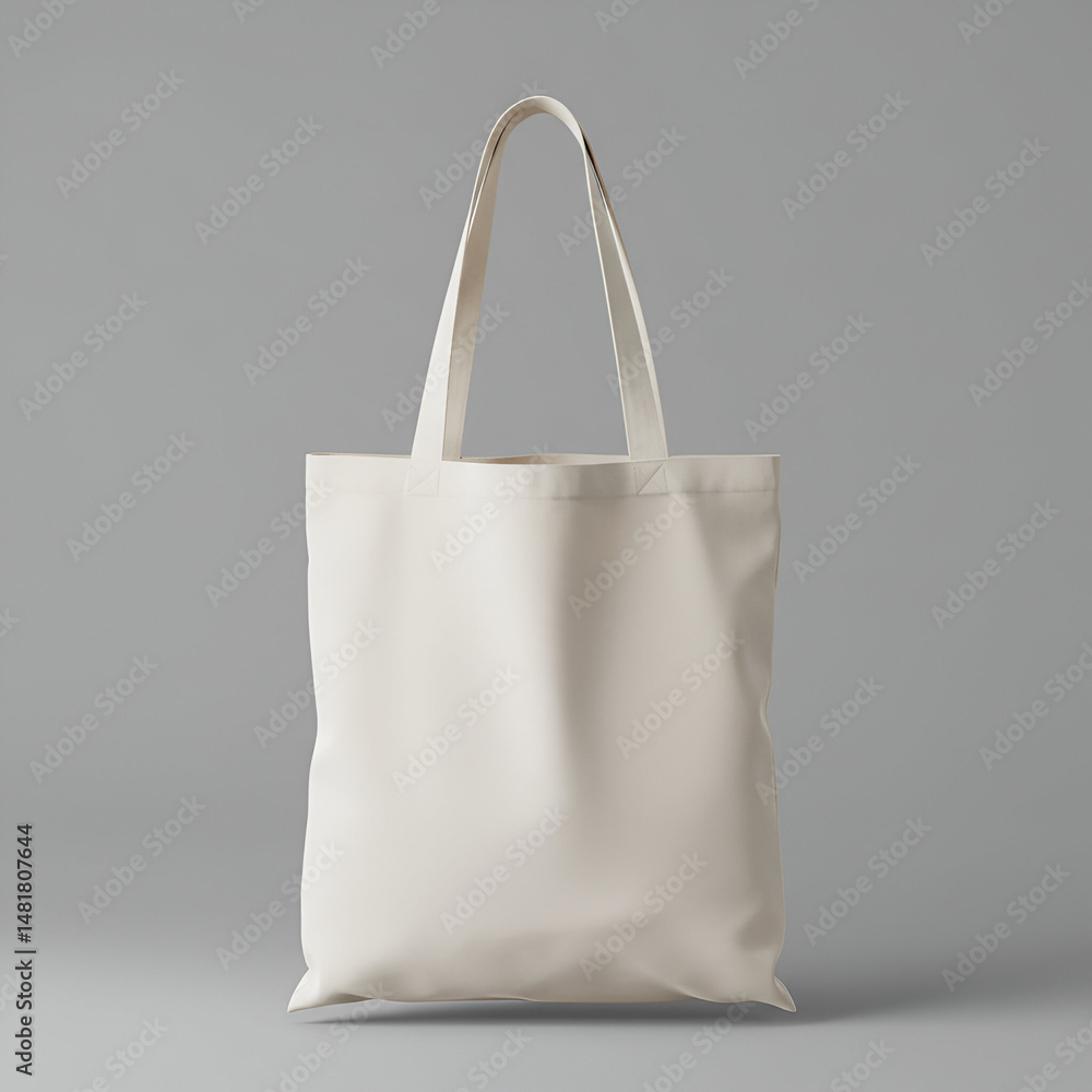 Poster empty cream canvas tote bag in neutral studio setting. elevated view of the bag with no branding or 