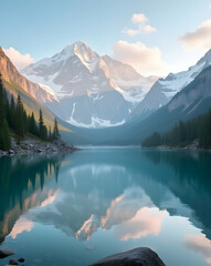 Naklejka premium Tranquil Mountain Lake at Sunrise, Reflecting Snow-Capped Peaks and Soft Light in Serene Waters, a Majestic Natural Landscape Embracing Peace
