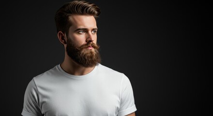Fototapeta premium Photo Realistic Portrait of Bearded Man in White Shirt on Dark Background