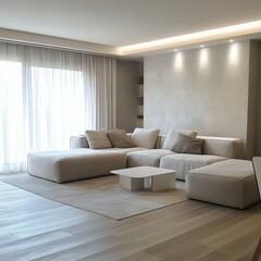 Modern minimalist living room with a large sectional sofa and soft lighting
