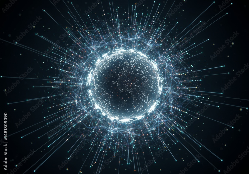 Poster abstract background 3d glowing sphere with particles