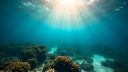 Fototapeta premium Underwater Serenity, Sunbeams Dance Through Turquoise Water Illuminating the Coral Seafloor, Creating a Peaceful and Vibrant Marine Environment