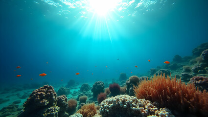 Underwater Paradise, A serene tropical ocean scene with vibrant coral reefs, schools of colorful fish, and sunbeams filtering through crystal clear turquoise water
