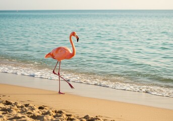Fototapeta premium Photo of Flamingo Wading on Tropical Beach at Sunset