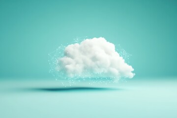 A fluffy cloud, digitally networked, floats on a teal backdrop