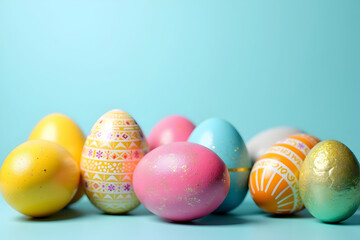 Vibrant and intricately decorated easter eggs, symbolizing spring's renewal, cultural traditions, and artistic expression, set against a serene light blue backdrop