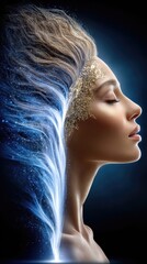 Ethereal Portrait of a Woman with Golden Accents and Flowing Light, Capturing the Essence of Beauty and Dreamlike Imagery in a Dark Background