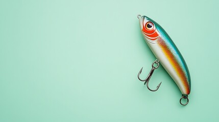 A brightly colored fishing lure rests on a solid light green background.