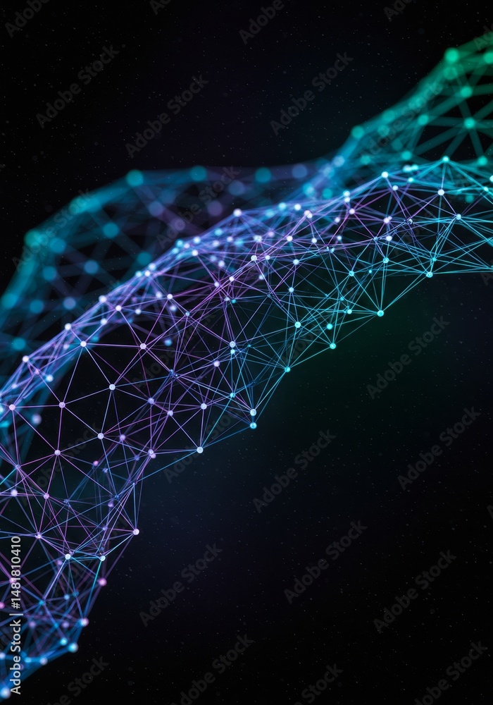 Poster abstract background 3d illustration: dynamic flowing wave of colorful particles in dark space