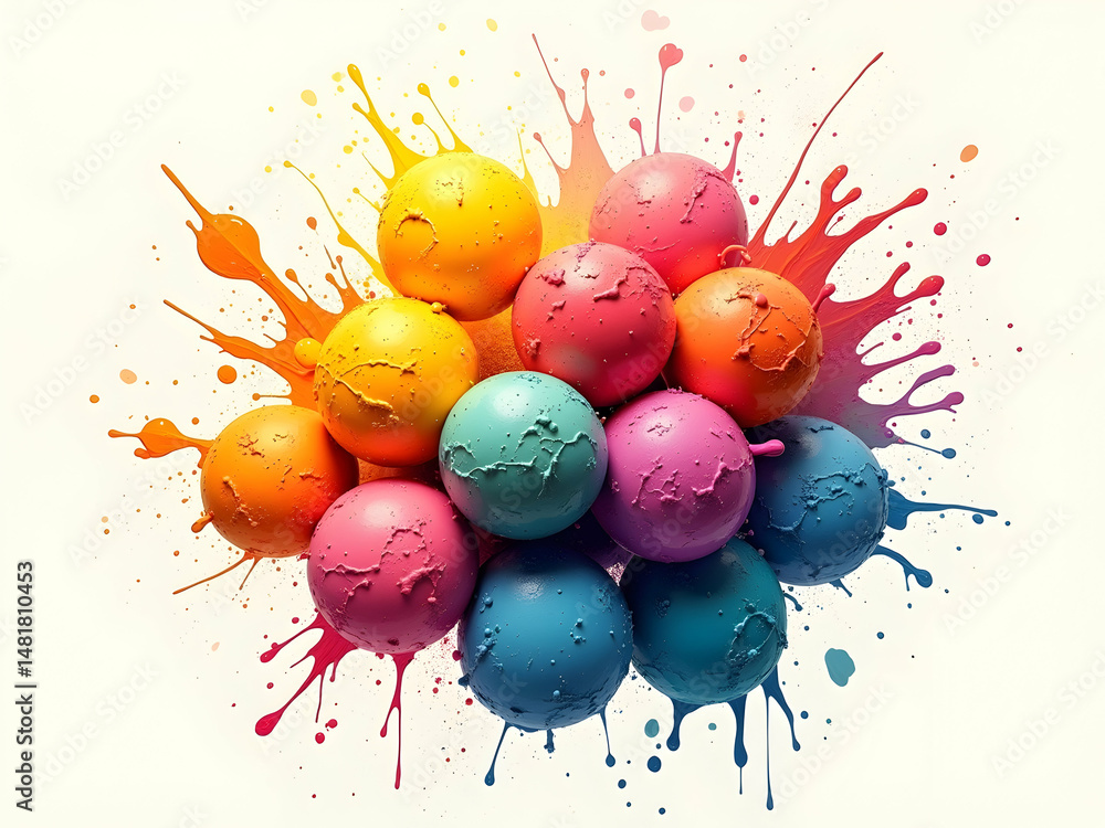 Poster vibrant cluster of colorful spheres with paint splatters, creating a playful and dynamic abstract co
