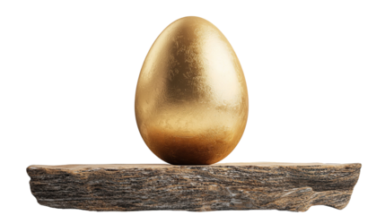 Shiny golden egg on wooden board on transparent background. PNG