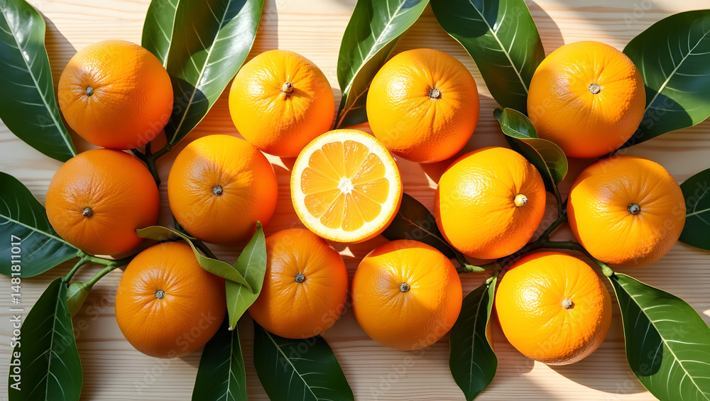 Poster vibrant fresh oranges displayed with glossy peels and green leaves on wooden surface, creating a ref