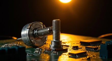 Intricate macro shot of potentiometer and electronic components on circuit board