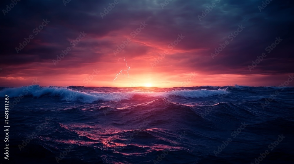 Aufkleber ocean waves batter a rugged coastline under a moody twilight sky, with distant lightning flashes cas