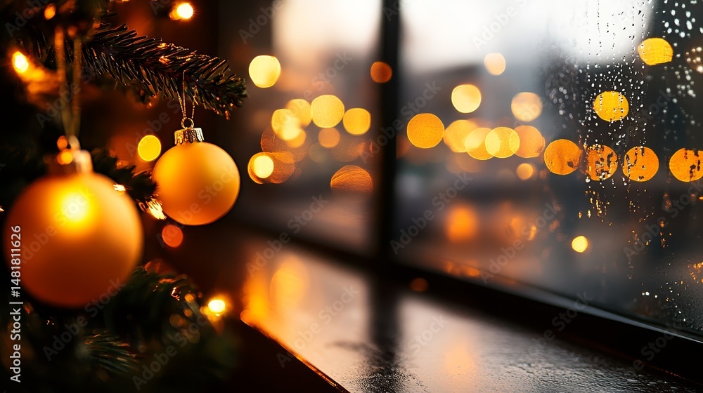 Poster A cozy Christmas setting showcases a decorated tree with twinkling lights. The backdrop features a blurred snowy window, adding a festive atmosphere