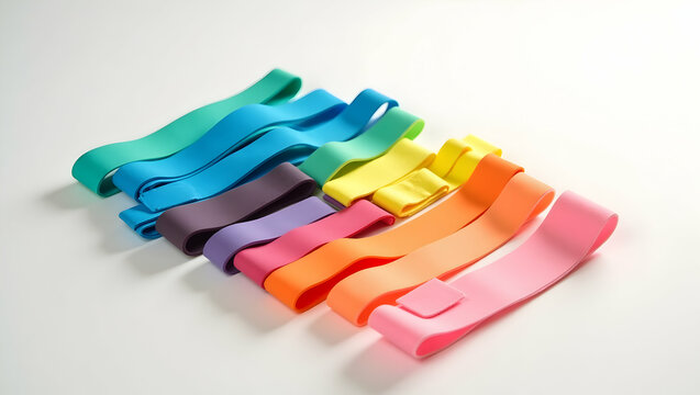 Vibrant Multicolored Resistance Bands Arranged Neatly on a Light Surface for Fitness and Exercise Enthusiasts Promoting Health and Wellness Benefits
