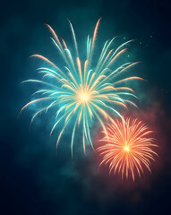 Fototapeta premium Vibrant Night Sky Display, A Captivating Visual Symphony of Swirling Kaleidoscopic Fireworks Radiating with Joy and Celebration under a Starry Canopy