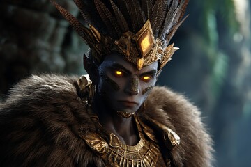 Mystical Jungle Prince with Feathered Crown and Glowing Eyes