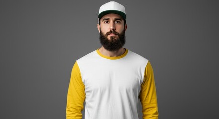 Obraz premium Portrait of Bearded Man in Cap and White Yellow Shirt