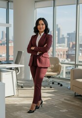 Obraz premium Portrait of Confident Businesswoman in Maroon Suit in Modern Office with City View