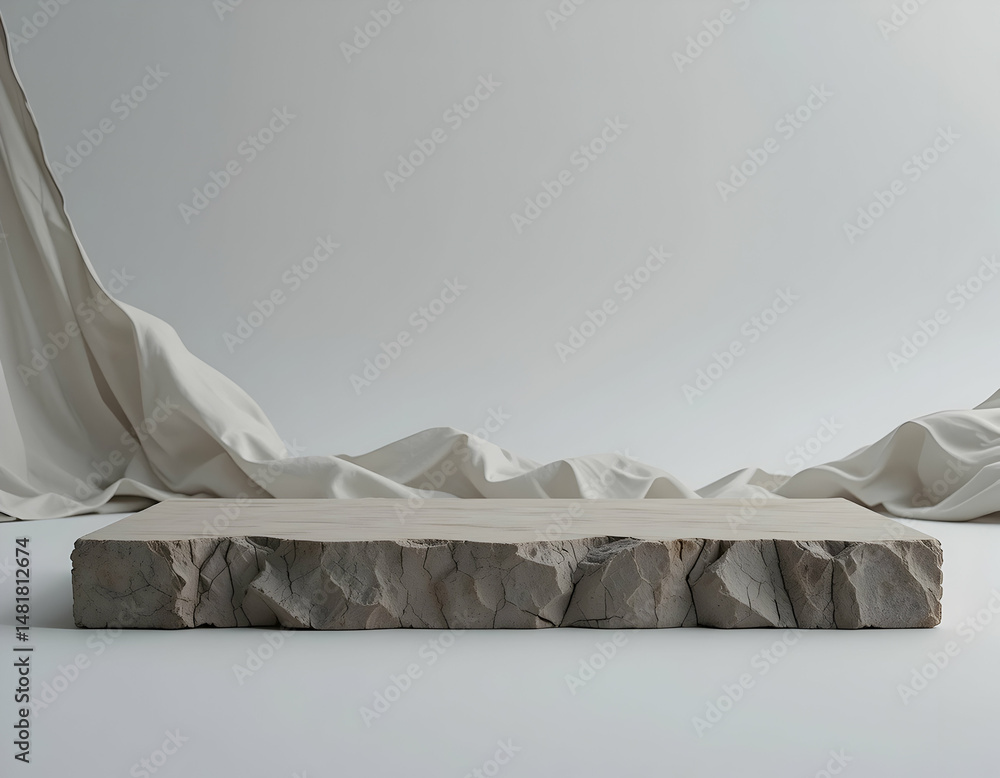 Poster stone platform with fabric drapes displaying empty space