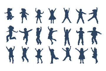 Children Jumping Silhouettes, Energetic Kids Poses, Playful Children Silhouette, Joyful Movement Figures, Dynamic Kids Silhouettes Clipart Vector Illustration.
