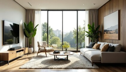 Fototapeta premium Modern minimalist living room with large window, showcasing stylish furniture and decor , airy, simple, minimalist