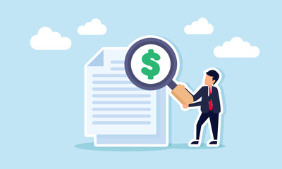 Businessman holding magnifying glass examining dollar sign on document illustration of research evaluation and analysis for business financial efficiency strategy