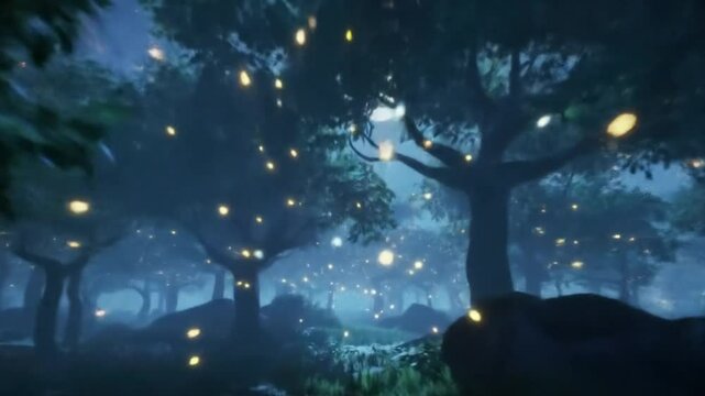 A serene forest at night illuminated by thousands of glowing fireflies