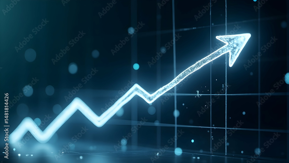 Poster visualization of growth, a futuristic hi-tech glass graph interface displaying an ascending arrow, s