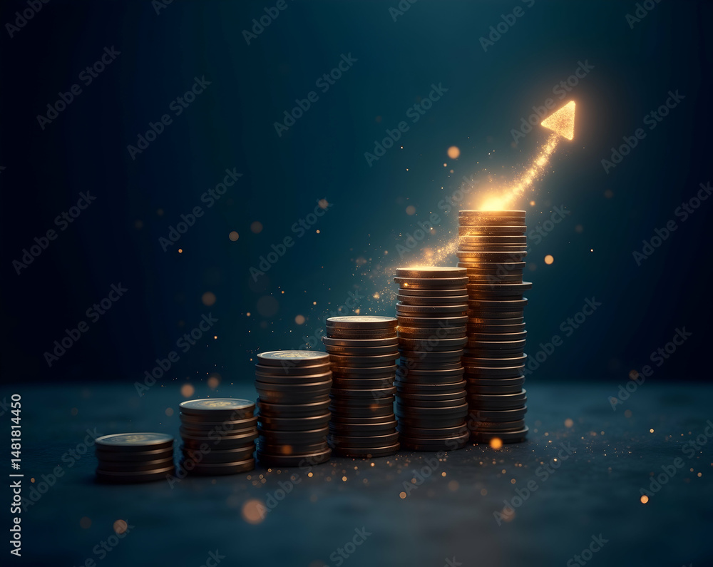 Poster visualizing financial growth, ascending stacks of coins forming a graph with a luminous arrow symbol