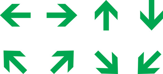 Green street signs. Direction wayfinding arrows, post sign isolated realistic vector illustration set. Arrow icon set cursor arrow up down and symbol icons. Modern simple solid arrows collection