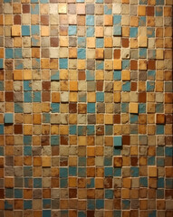 Fototapeta premium Vintage-Inspired Patchwork Wall with Warm Earthy Tones and Subtle Blue Accents Creating a Textured Mosaic Effect for Backgrounds and Design Elements
