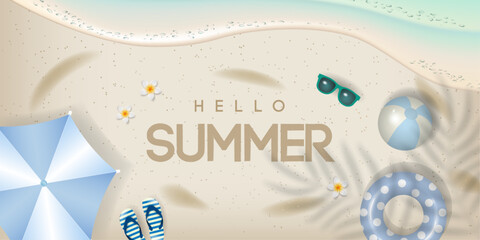 Hello Summer banner template with beach elements such as umbrella,  a beach ball, swim ring, sunglasses, flip-flips, flowers on sand