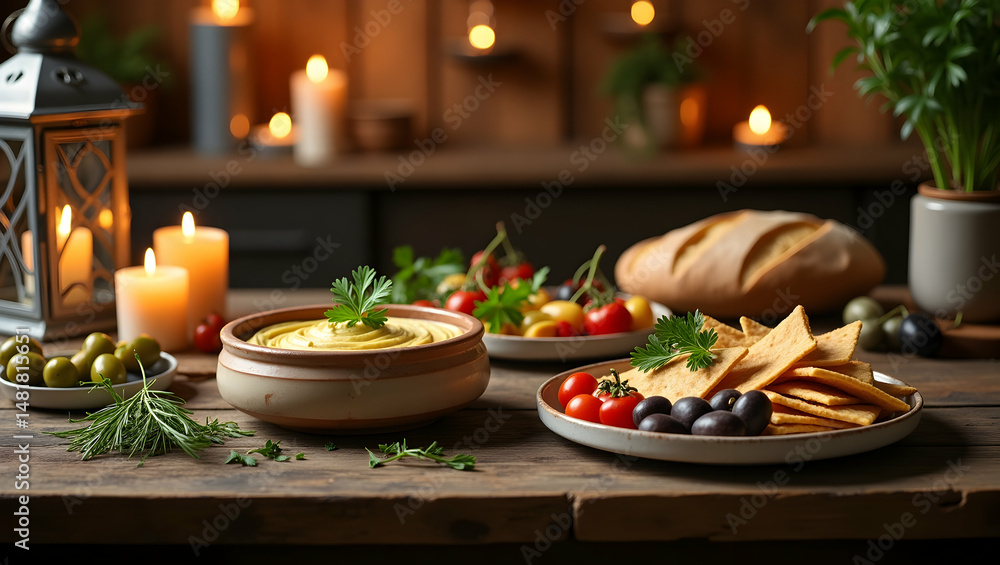 Poster warm rustic kitchen scene featuring a wooden table set with a delightful array of food under the gen