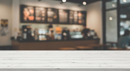 White Wooden Table Blurred Cafe Restaurant Background Photo