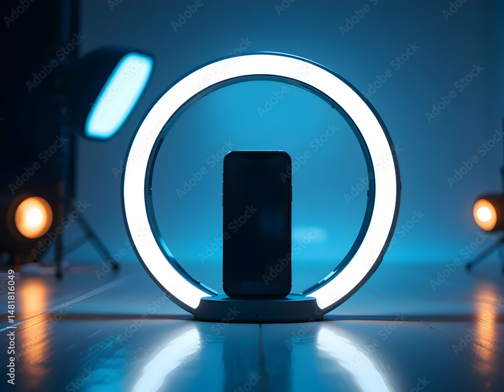 Poster Phone Illuminated by Circular Led Light with Studio Lighting Setup